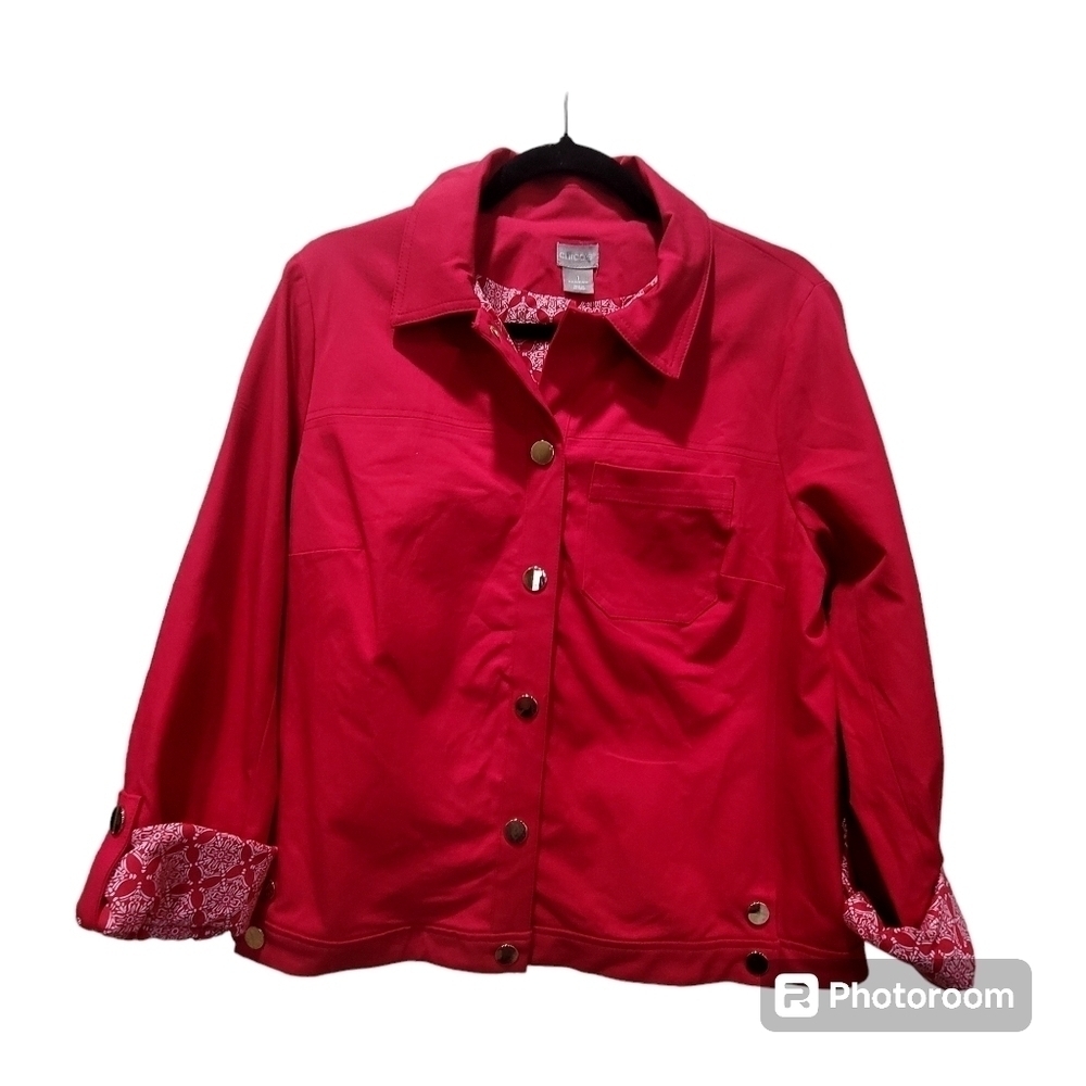 CHICO'S Raspberry Pink Roll Tab Cuff Lined Jacket Sz 1/Medium/8